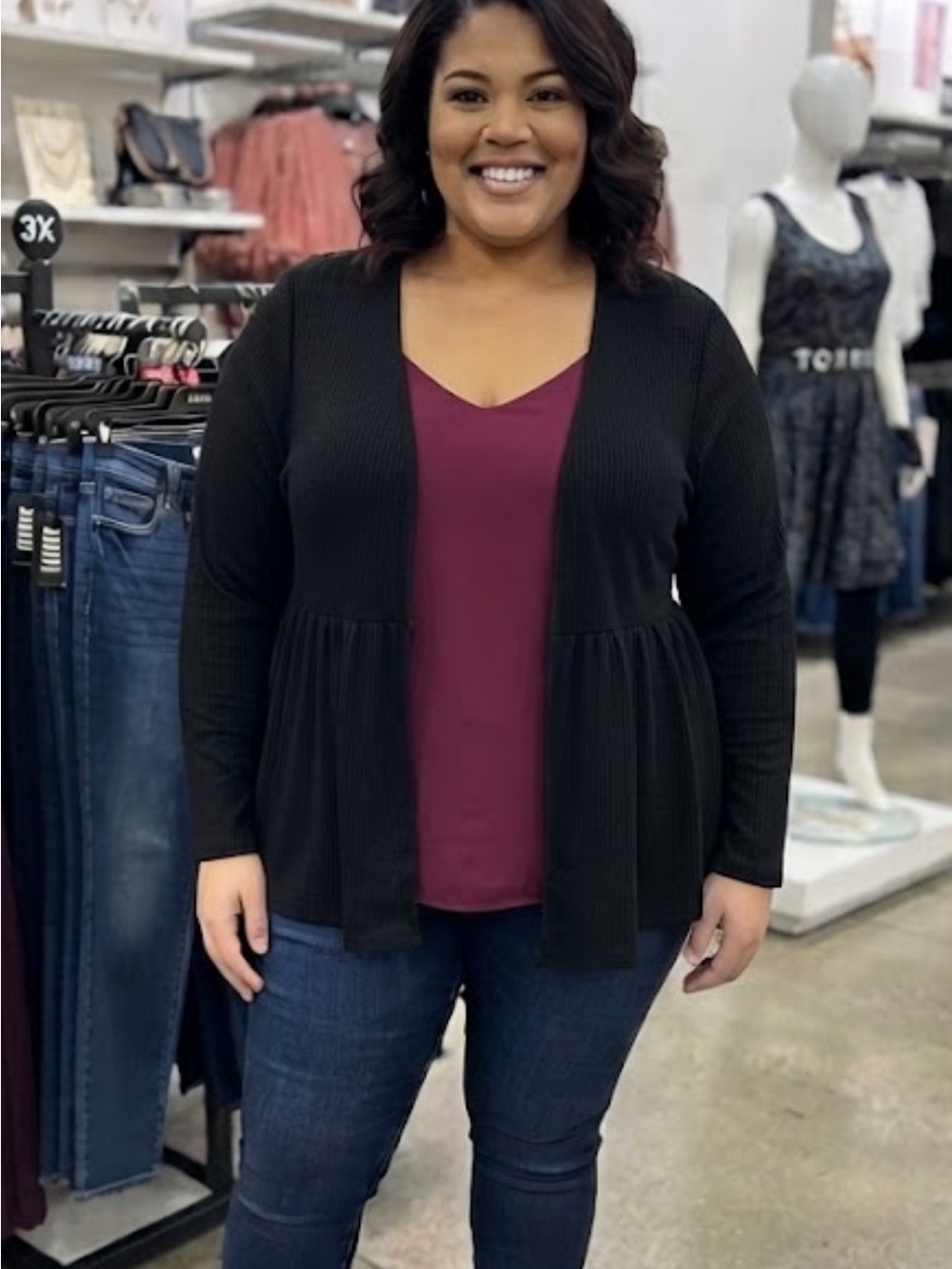 torrid Black Waffle Knit Open-Front Peplum Cardigan